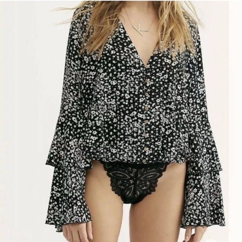 Intimately Free People Boho Sleeve Bodysuit Top Floral Pattern XS